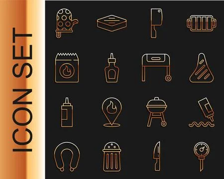 Set line Kitchen thermometer, Sauce bottle, Steak meat, Meat chopper, Barbe.. Stock Illustration
