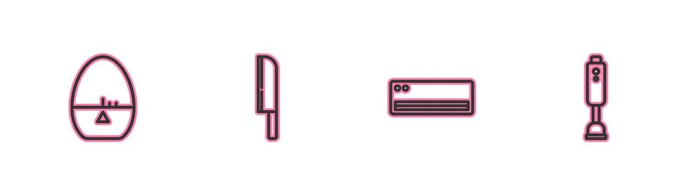 Set line Kitchen timer, Air conditioner, Knife and Blender icon. Vector Stock Illustration