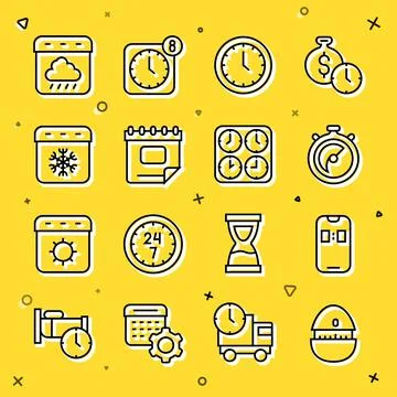 Set line Kitchen timer, Alarm clock app mobile, Stopwatch, Clock, Calendar Stock Illustration