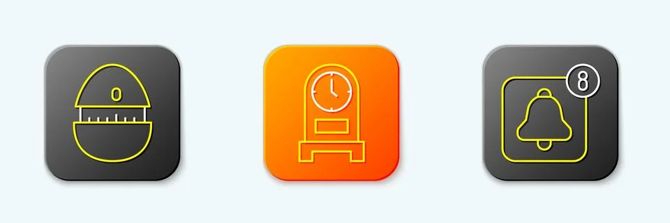Set line Kitchen timer, Antique clock and Alarm app mobile icon. Vector Stock Illustration