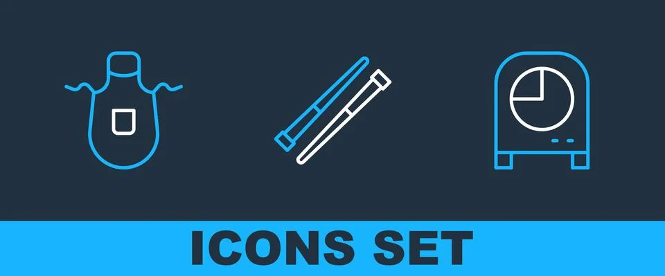 Set line Kitchen timer, apron and Food chopsticks icon. Vector 스톡 일러스트