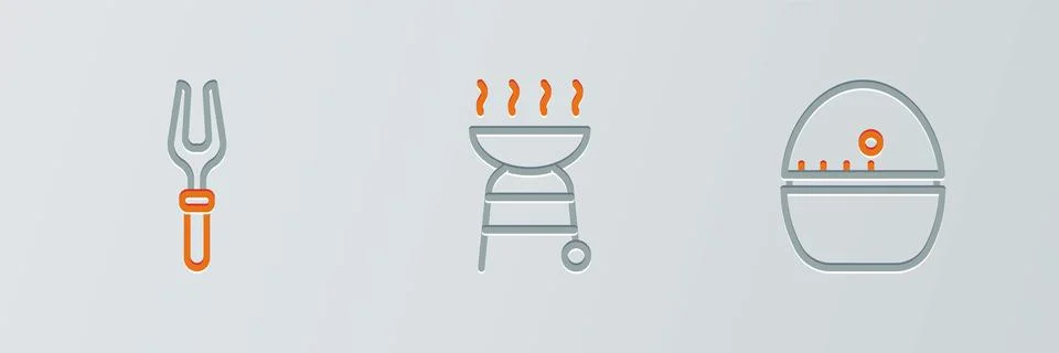 Set line Kitchen timer, Barbecue fork and grill icon. Vector Illustrazione stock