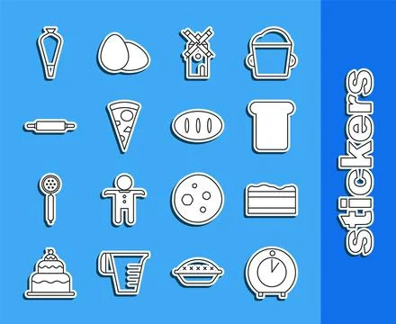 Set line Kitchen timer, Brownie chocolate cake, Bread toast, Windmill, Slice  Stock Illustration
