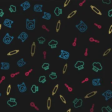 Set line Kitchen timer, Chef hat, Rolling pin and whisk on seamless pattern Stock Illustration