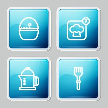 Set line Kitchen timer, Chef hat, French press and Fork icon. Vector 스톡 일러스트