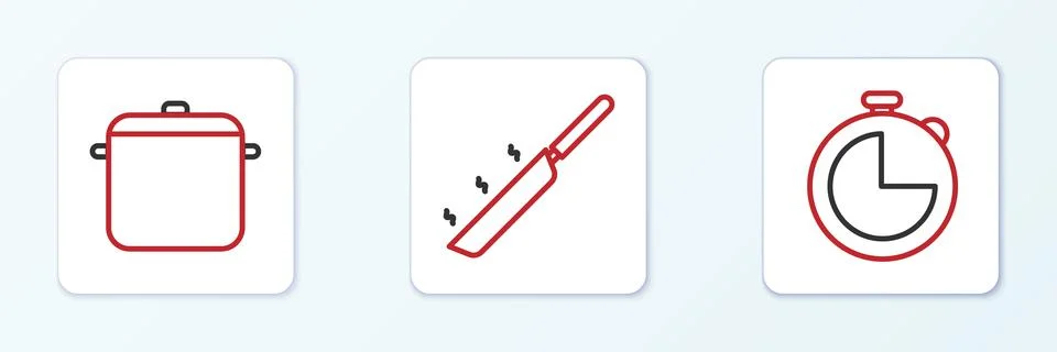 Set line Kitchen timer, Cooking pot and Frying pan icon. Vector 스톡 일러스트