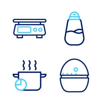 Set line Kitchen timer, Cooking pot, Salt and Electronic scales icon. Vector Stock Illustration