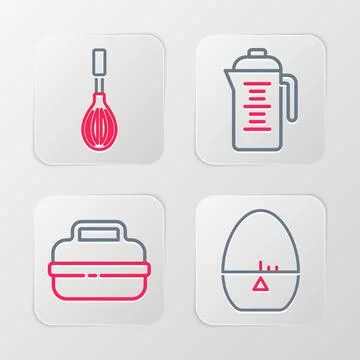 Set line Kitchen timer, Cooking pot, Teapot and whisk icon. Vector 库存插图