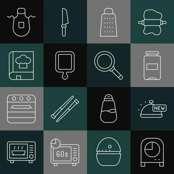 Set line Kitchen timer, Covered with tray of food, Jam jar, Grater, Cutting Illustrazione stock