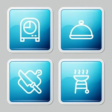 Set line Kitchen timer, Covered with tray of food, Cutting board and knife .. 库存插图