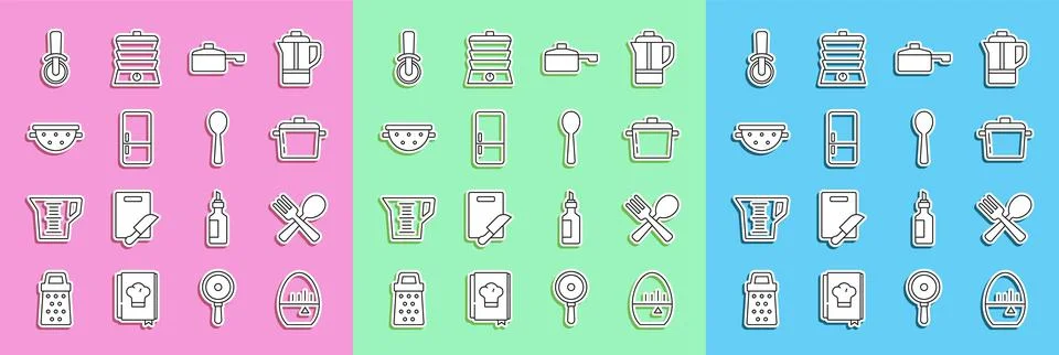 Set line Kitchen timer, Crossed fork and spoon, Cooking pot, Frying pan Stock Illustration