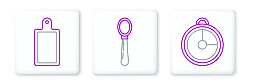 Set line Kitchen timer, Cutting board and Spoon icon. Vector Stockillustratie