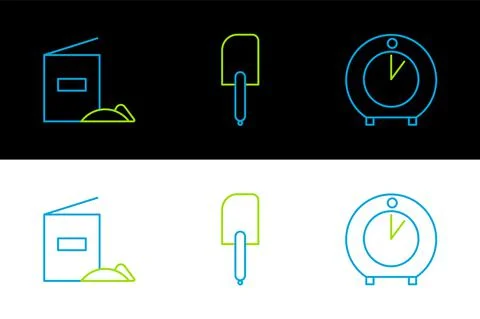 Set line Kitchen timer, Flour pack and Spatula icon. Vector Stockillustratie