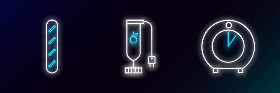 Set line Kitchen timer, French baguette bread and Blender icon. Glowing neo.. Stock Illustration