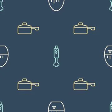 Set line Kitchen timer, Frying pan and Blender on seamless pattern. Vector Illustrazione stock