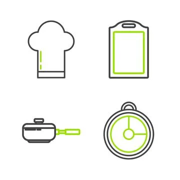 Set line Kitchen timer, Frying pan, Cutting board and Chef hat icon. Vector Stockillustratie