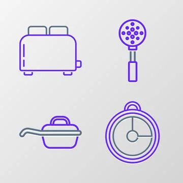 Set line Kitchen timer, Frying pan, Spatula and Toaster with toasts icon. V.. Stock Illustration