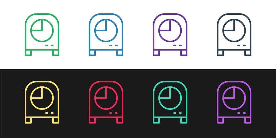 Set line Kitchen timer icon isolated on black and white background. Cooking 库存插图