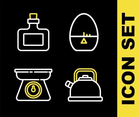 Set line Kitchen timer, Kettle with handle, Scales and Sauce bottle icon. Vector 스톡 일러스트