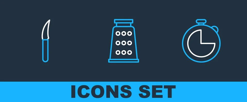 Set line Kitchen timer, Knife and Grater icon. Vector Stock Illustration