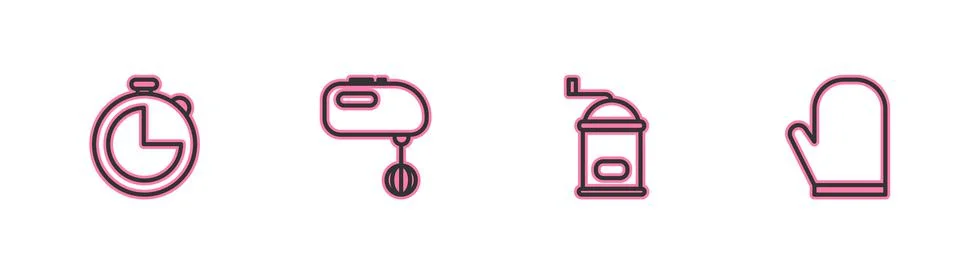 Set line Kitchen timer, Manual coffee grinder, Electric mixer and Oven glove Stock Illustration