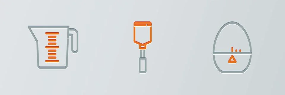 Set line Kitchen timer, Measuring cup and Spatula icon. Vector Stock Illustration