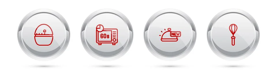 Set line Kitchen timer, Microwave oven, Covered with tray of food and whisk Stock Illustration