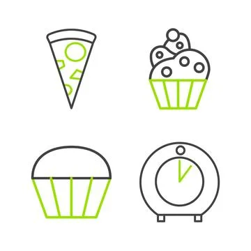 Set line Kitchen timer, Muffin, Cupcake and Slice of pizza icon. Vector Stock Illustration