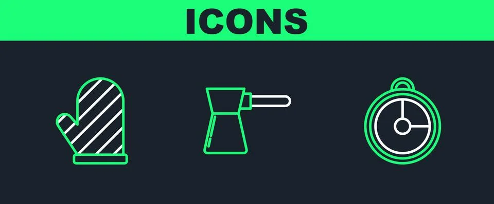 Set line Kitchen timer, Oven glove and Coffee turk icon. Vector Stock Illustration
