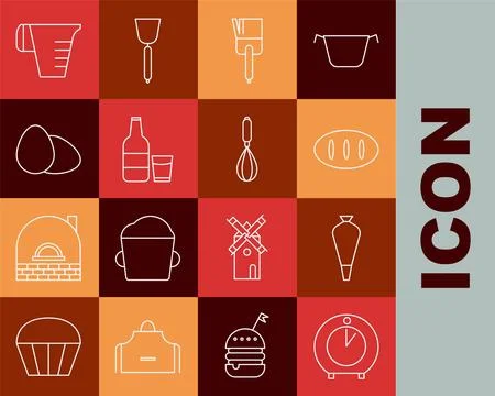 Set line Kitchen timer, Pastry bag for decorate cakes, Bread loaf, brush, G.. Stock Illustration