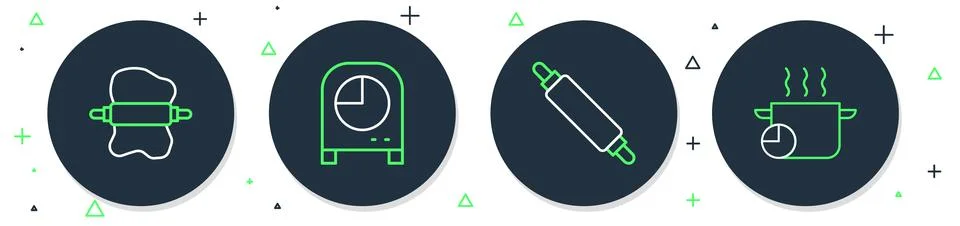 Set line Kitchen timer, Rolling pin, on dough and Cooking pot icon. Vector Stock Illustration