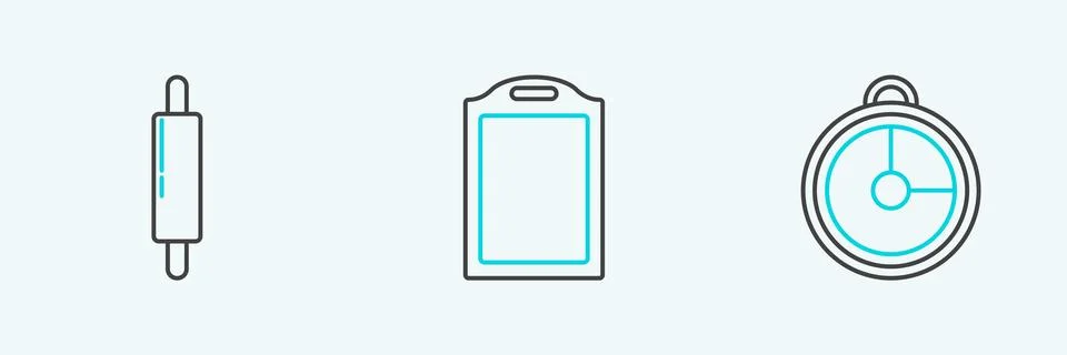 Set line Kitchen timer, Rolling pin and Cutting board icon. Vector Stock Illustration