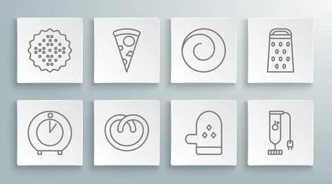 Set line Kitchen timer, Slice of pizza, Pretzel, Oven glove, Blender, Roll bun Stock Illustration