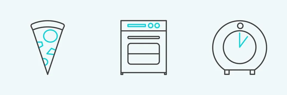 Set line Kitchen timer, Slice of pizza and Oven icon. Vector Stockillustratie
