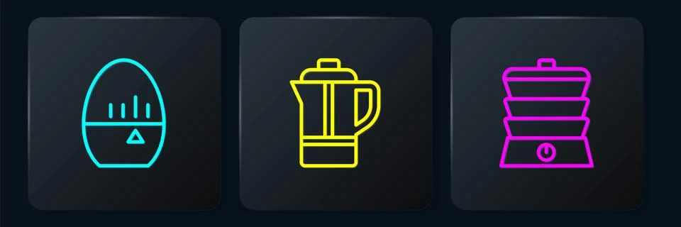 Set line Kitchen timer, Slow cooker and Teapot. Black square button. Vector 스톡 일러스트