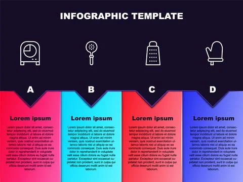 Set line Kitchen timer, Spatula, Grater and Oven glove. Business infographic Stock Illustration