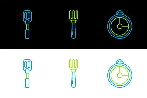 Set line Kitchen timer, Spatula and Fork icon. Vector Stock Illustration