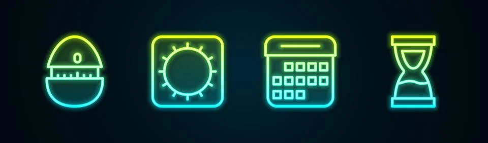 Set line Kitchen timer, Sun, Calendar and Old hourglass. Glowing neon icon... Stock Illustration