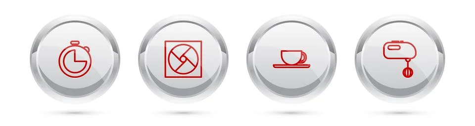 Set line Kitchen timer, Ventilation, Coffee cup and Electric mixer. Silver Illustrazione stock