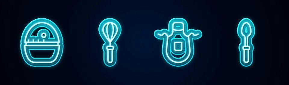 Set line Kitchen timer, whisk, apron and Teaspoon. Glowing neon icon. Vector Stock Illustration
