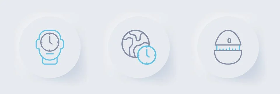 Set line Kitchen timer, World and Clock icon. Vector Illustrazione stock