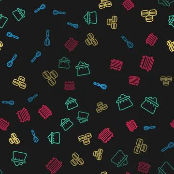 Set line Kitchen whisk, Bag of flour, Macaron cookie and Cake on seamless Illustrazione stock