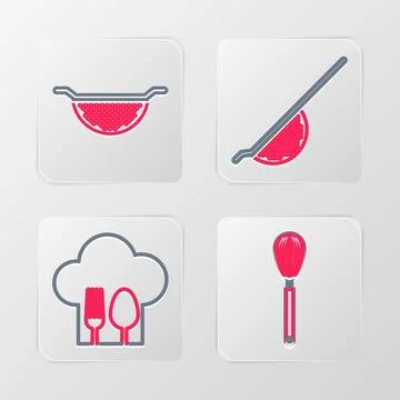Set line Kitchen whisk, Chef hat with fork and spoon, colander and  icon. V.. Stock Illustration