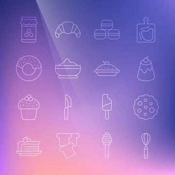 Set line Kitchen whisk, Cookie or biscuit, Pudding custard, Macaron cookie Stock Illustration