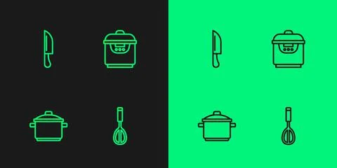 Set line Kitchen whisk, Cooking pot, Knife and Slow cooker icon. Vector Stock-Illustration