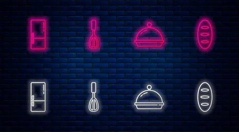 Set line Kitchen whisk, Covered with tray of food, Refrigerator and Bread loaf Stock Illustration