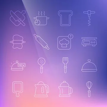 Set line Kitchen whisk, Covered with tray of food, Electronic scales, Bread Stock Illustration