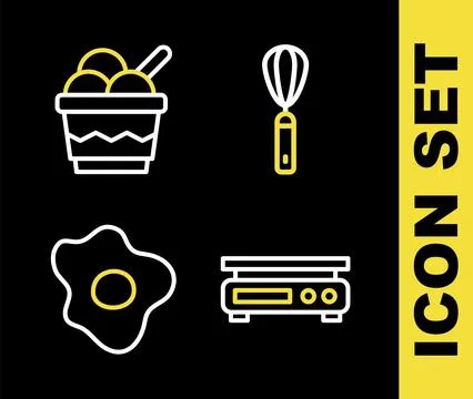 Set line Kitchen whisk, Electronic scales, Scrambled eggs and Ice cream in .. Stock-Illustration