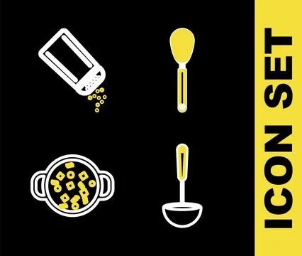Set line Kitchen whisk, ladle, Cooking soup in pot and Salt and pepper icon.  Stock-Illustration
