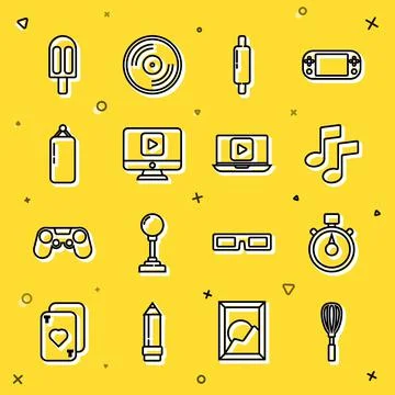 Set line Kitchen whisk, Stopwatch, Music note, tone, Rolling pin, Online play Stock Illustration
